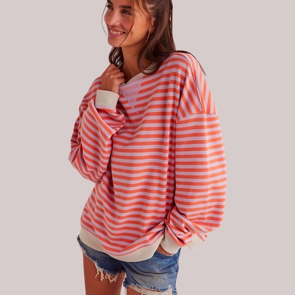 New! FP We The Free Classic Striped Oversized Crewneck in Orchid Combo